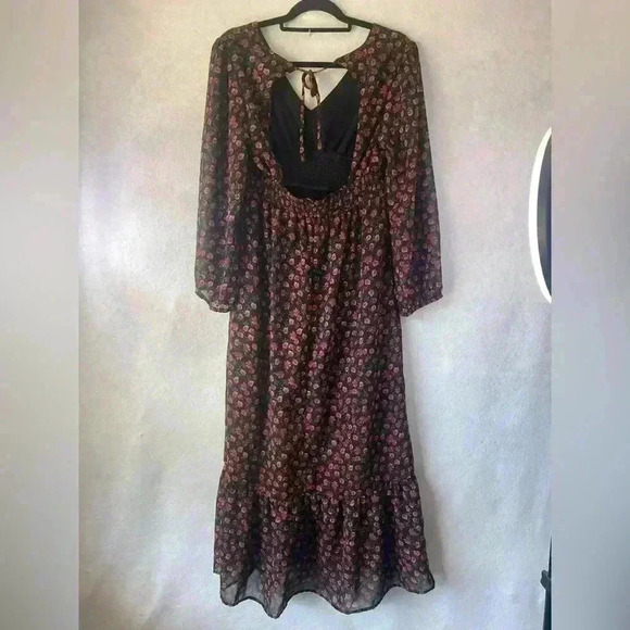 Indulge Women's Floral Smocked V Neck Bell Sleeve Fairy Goth Maxi Dress Sz Large - Picture 7 of 13